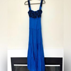 Linen blue long dress with embroidery